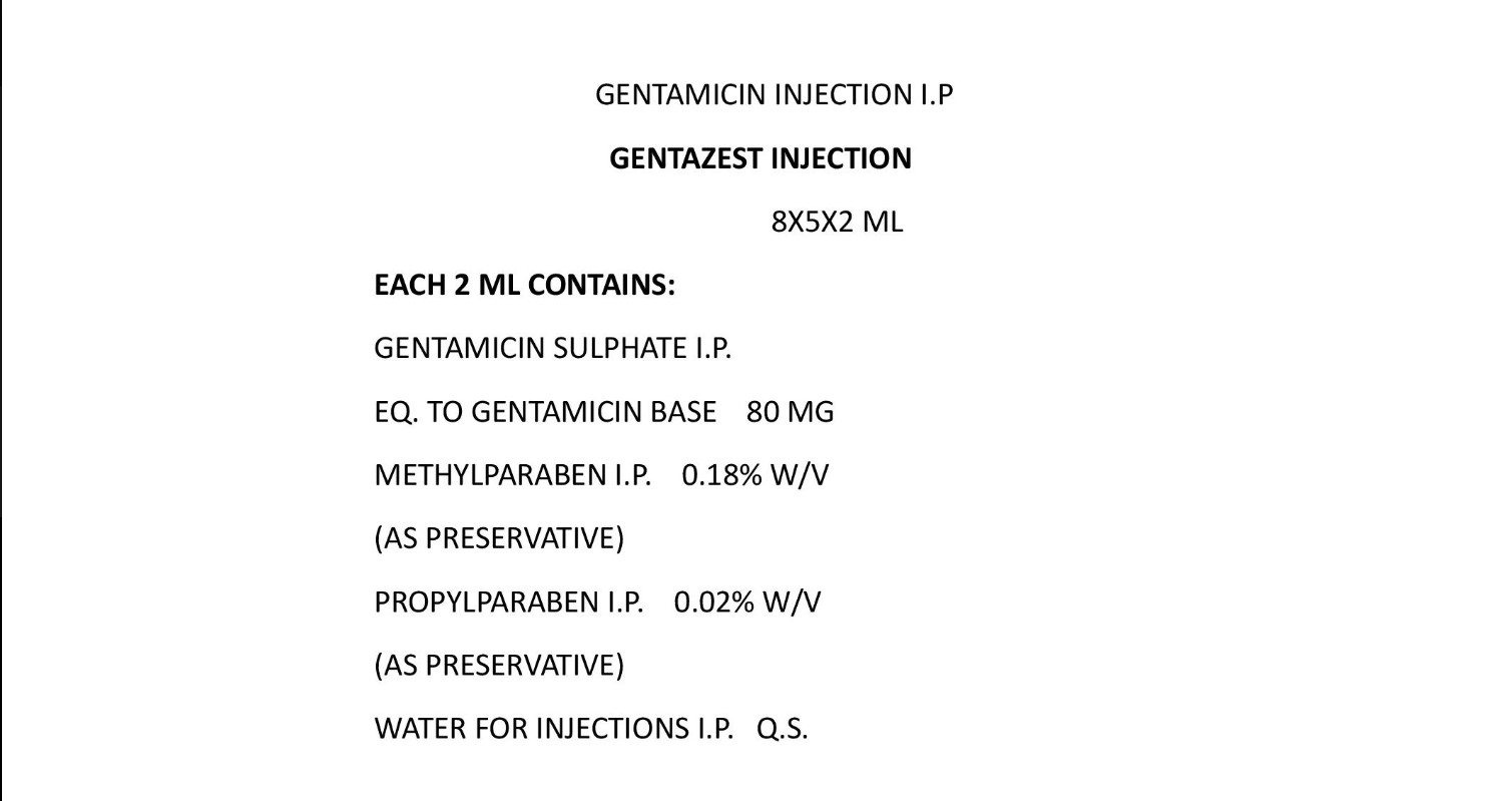 COMPOSITION:EACH 2 ML CONTAINS :GENTAMICIN SULPHATE I.P.EQ. TO GENTAMICIN BASE 80 MGMETHYLPARABEN I.P. 0.18% W/V(AS PRESERVATIVE)PROPYLPARABEN I.P. 0.02% W/V(AS PRESERVATIVE)WATER FOR INJECTIONS I.P. Q.S.